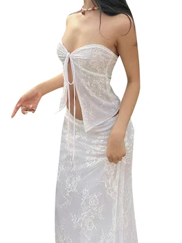 Женский сексуальный укороченный топ из 2 предметов и юбка с высоким разрезом для летней клубной одежды - стильный облегающий наряд с V-образным вырезом