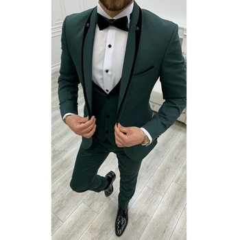 Мужской зеленый костюм из 3 предметов элегантный свадебный выпускной ужин облегающий смокинг, пальто, брюки, одежда