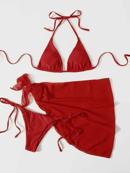 2024 Женское бикини с завышенной талией, купальник с юбкой на бретельке, бразильский купальник, сексуальные купальники, сплошной красный, 3 шт.
