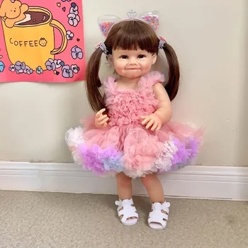 55 см Reborn Toddler Doll с розовым платьем Full Body Soft Silicone Lifelike Soft Touch Высококачественные подарки для куклы
