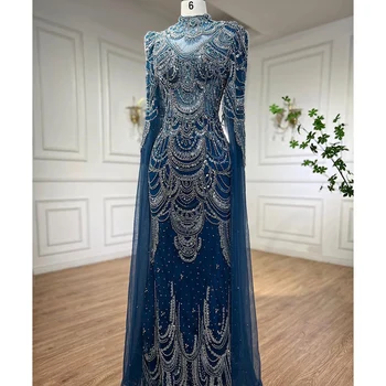 Арабский синий русалка кружева бисером вечерние платья для торжественных случаев с накидкой для женщины свадебное платье для выпускного вечера BLA72033 безмятежный холм