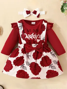  Baby Girl Осенний наряд Комплект Комбинезон с длинным рукавом Комбинезон Топ с юбкой с цветочным принтом и комбинезон Платье