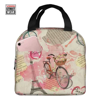 День матери Париж Эйфелева башня Изолированные сумки для ланча Газеты Ланч-бокс Сумки Велосипед с цветами Моющийся контейнер для обеда Коробка