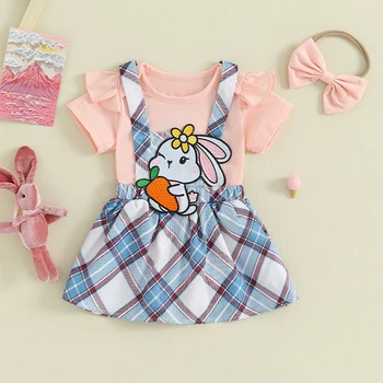  Девочки Милый пасхальный наряд Комбинезон с коротким рукавом и юбка с подтяжками кролика Повязка на голову Летний комплект одежды