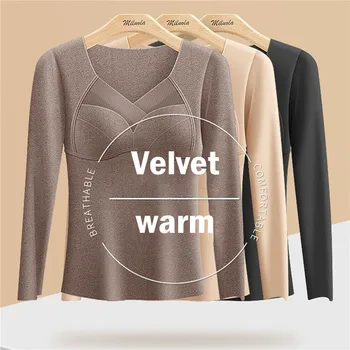 Женское термобелье Земляная бархатная футболка с длинным рукавом Новая зимняя одежда 2023 года Толстая трикотажная термоблузка с V-образным вырезом и дном