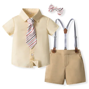 Новая одежда для мальчиков Костюмы для малышей Летняя формальная короткая рубашка + галстук + подтяжки Шорты комплекты Джентльмен Свадебные наряды 1 2 3 4 5 6Y