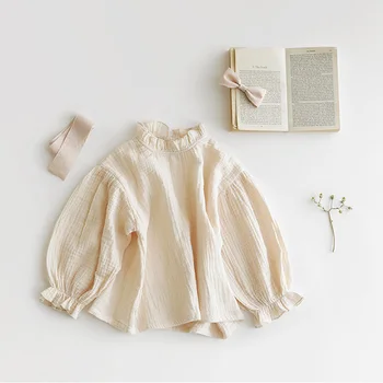 12M-6T Хлопчатобумажные и льняные рубашки для девочек Весна и осень Мягкие дышащие детские трусы Повседневная рубашка с низом Корейский детский блуз