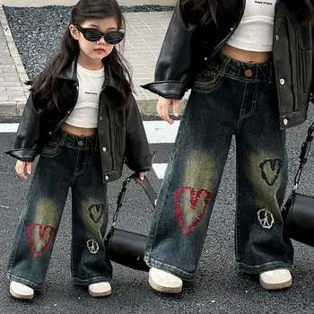 Детские мягкие джинсы для девочек 2023 осень Новый модный ретро в корейском стиле прямые брюки эластичные свободные широкие брюки