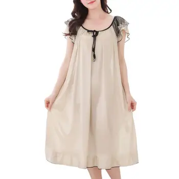 Стильная летняя ночная рубашка на шнуровке Расслабленная кожа Женщины Гладкое длинное платье Пижамы