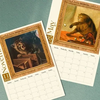 2024 Странный средневековый календарь кошек Настенный календарь кошек Эстетический календарь для планировщиков животных Подвесной 11,4x8,2 дюйма Подарки для друзей