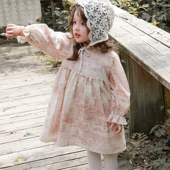 2023 Повседневные платья для девочек Новый осенний стиль сезона Корейская детская одежда Кружево Мягкий грязный принт Принцесса Сладкая