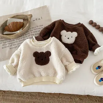 8112 Детский кашемировый свитер с медведем 2023 Зимняя корейская утолщенная рубашка для мальчиков Мао Мао Одежда Топы для девочек