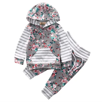 Цветочные комплекты одежды для новорожденных Пуловер для младенцев и девочек Топы с капюшоном Детские полосатые толстовки из смеси хлопка Детские длинные брюки 2 шт. Наряды