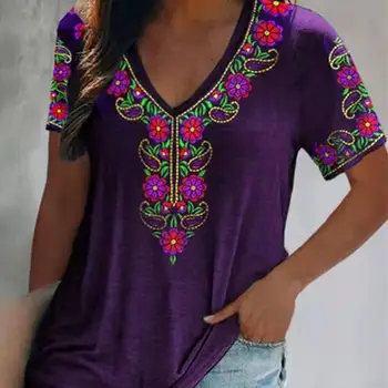 Повседневная футболка Уникальная футболка в этническом стиле Богемия Цветочный принт Ретро Футболка Уличная одежда