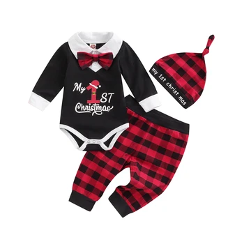 Рождественский костюм для младенцев и мальчиков, комбинезон с длинным рукавом с принтом и принтом с галстуком-бабочкой + клетчатые брюки + шляпа, 0-12 месяцев