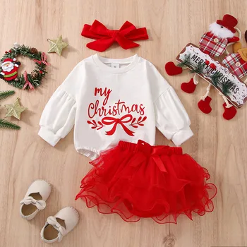 Младенцы Девочки Рождество 3 шт. Пуловер с буквенным принтом Свитер и красная пышная сетчатая юбка Милые наряды для новорожденных Новорожденные Новорожденные Зима