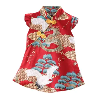 Девочки Новый год Одежда Baby Qipao Кружевное платье Девочки Qipao Cheongsam Платье без рукавов с цветочным принтом Наряд Малыш Короткое платье vestido