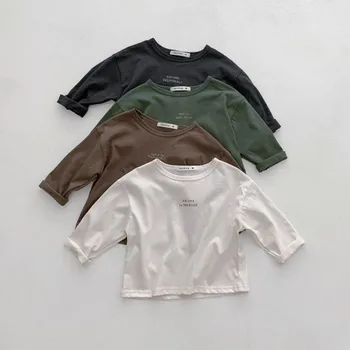 2021 Новые осенние футболки для мальчиков с буквенным принтом Корейский стиль Базовые топы с длинным рукавом Малыши Детские повседневные футболки