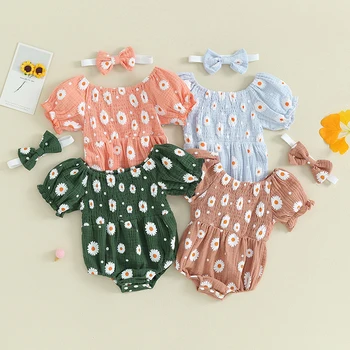  Наряд новорожденной девочки Плиссированный боди с цветочным принтом с коротким рукавом и повязкой на голову Летняя одежда