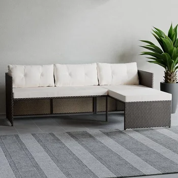 Ротанговая мебель для патио - Комбинируйте уличную мебель, только L-образный диван, коричневый ротанг/кремовый