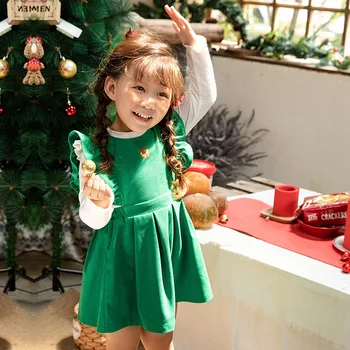Красно-зеленое хлопковое рождественское платье без рукавов 2022 осень-зима Новый костюм рубашки с длинными рукавами Детская одежда для девочек