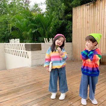 3852 Детские толстовки с капюшоном Корейская осень Свитер Радужный полосатый пуловер для мальчиков и девочек Свободные топы с длинным рукавом