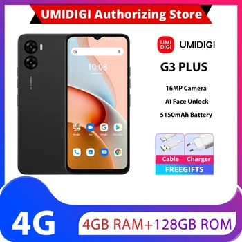 UMIDIGI G3 Plus 4 ГБ + 128 ГБ ПЗУ Сотовый телефон 6,52 дюйма Android 13 Unisoc T606 Восьмиядерный Две SIM-карты 4G LTE Face ID Боковой отпечаток пальца OTG