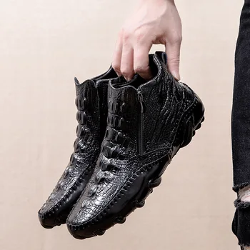 Мужские короткие сапоги из крокодила Осень-зима 2024 Новая мода в британском стиле Плюшевая удобная деловая обувь Повседневная обувь на открытом воздухе