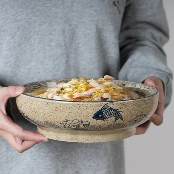 японский стиль 9-дюймовая керамическая суповая миска в стиле ретро бытовой рамен лапша миски коммерческая маринованная капуста рыба большая миска