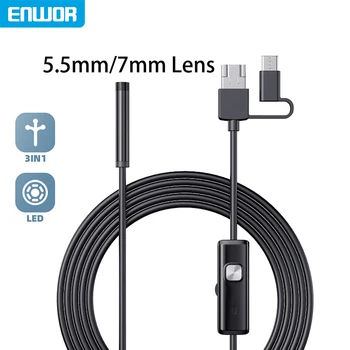 ENWOR 5,5 мм 7 мм промышленная эндоскопическая камера 3 в 1 для Android / Type-C / ПК USB IP67 Водонепроницаемый объектив Жесткий кабель Бороскопическая инспекция