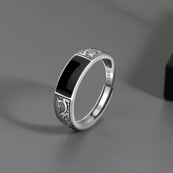  Модное кольцо из стерлингового серебра 925 пробы для мужчин Ювелирные изделия Черный прямоугольник Ретро Дракон Узор Кольцо Мужской Infex Аксессуары для пальцев Открыть