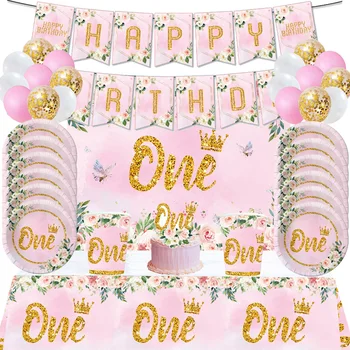  Один Первый С Днем Рождения Украшения Одноразовая Посуда Розовые Тарелки Для Детского Душа 1 Год Принадлежности для Дня Рождения