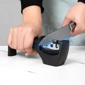 1 шт. Черный 3-ступенчатый тип Быстрая заточка Инструмент Точилка для ножей Ручной многофункциональный с нескользящим основанием Кухонные ножи