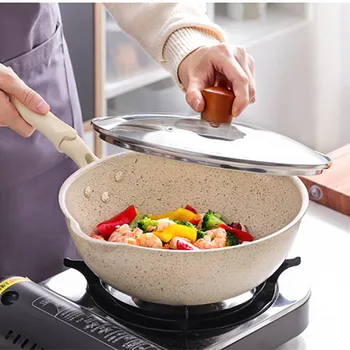  толстое дно Maifan Stone Сковороды с антипригарным покрытием Сковорода с крышкой Бытовая посуда для приготовления пищи в воке для кухни
