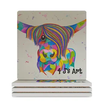 Красочная высокогорная корова с цветами радуги, раскрашенная акварелью от 4 J's Art Ceramic Coasters (Square) симпатичный набор подставок