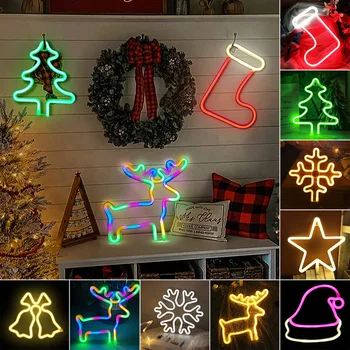 USB / батарея Рождественская неоновая вывеска Jingle Bell Star Snowflake Светодиодный неоновый ночник Indoor Home Рождественская вечеринка Украшение стены
