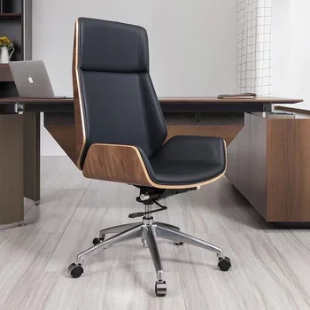 Поворотный офисный компьютерный стул с высокой спинкой из гнутой древесины Кожаная офисная мебель из микрофибры Кожаное кресло для домашних конференций