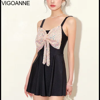 VigoAnne Solid Strake Платье Купальники Женщины 2023 Push UP Sequin Bow Цельный купальник Корейский тонкий летний купальный костюм монокини