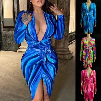 Модное мини-платье с V-образным вырезом Женские осенние повседневные платья-рубашки для женщин с длинным рукавом Solid Lacu Up Party Dress 2023
