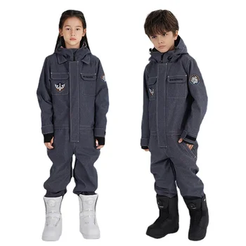 2023 Зимние детские цельные лыжные костюмы для девочек Спортивный ветрозащитный джинсовый комбинезон для мальчиков Сноуборд с капюшоном Водонепроницаемые детские комбинезоны