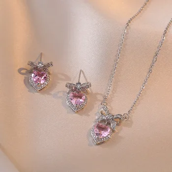 Симпатичные розовые серьги-гвоздики с цирконовым бантом и ожерелья для ключиц для женщин серебряного цвета свадебные ювелирные изделия