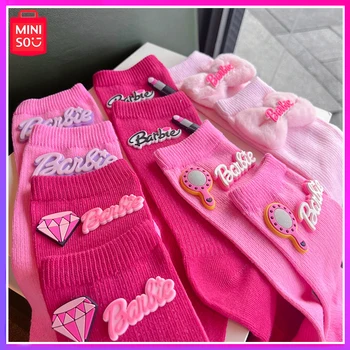 2024 Miniso Barbie Розовый осень-зима Сердце 3D Наполненные хлопковые трикотажные носки Kawaii Красочные носки до середины икры Рождественские подарки для девочек