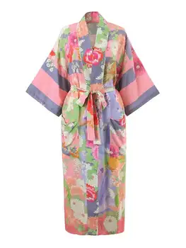 Розовый летний макси-халат в стиле бохо с цветочным принтом женское летнее пляжное платье накидки для купальников женская хлопковая пляжная одежда длинное кимоно