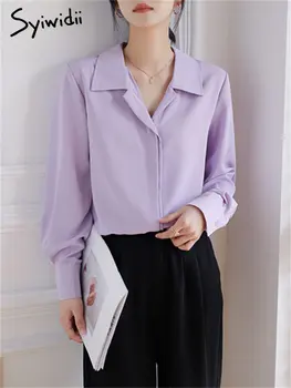 Syiwidii Фиолетовая рубашка для женщин Весна 2023 Новая пуговица Разрез Отложной воротник Топы с длинным рукавом Офисная женская повседневная рубашка