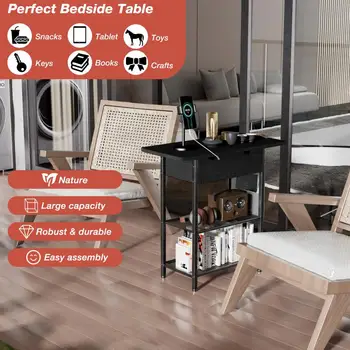 Боковой диванный столик с розетками ЕС Полки для хранения Прикроватные тумбочки для спальни для небольших помещений Скандинавский журнальный столик Мебель для гостиной