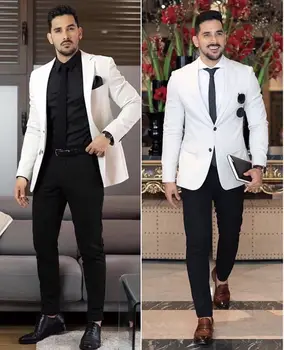 2020 Новый изготовленный на заказ белый мужской костюм с черными брюками Костюм из двух частей Slim Business Casual Мужские костюмы (черный + брюки)