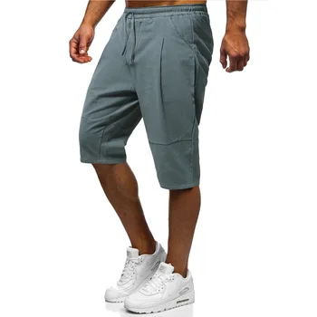 2021 Летние мужские льняные пляжные шорты Мужские эластичные шорты на талии Однотонные короткие брюки Мужские дышащие шорты M-5XL