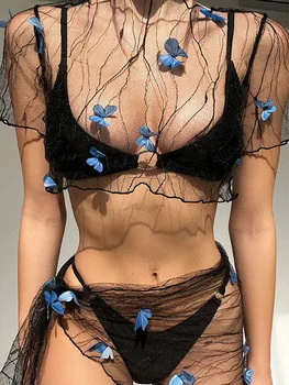 Butterfly Mesh Sheer Bikini Cover-up Женские укороченные топы с коротким рукавом + Галстук Саронг Обертывание Юбки Пляж Сексуальные Комплекты из двух частей