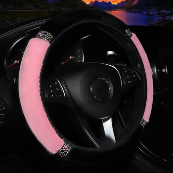 Универсальный 37-38 см Диаметр Мягкий плюшевый горный хрусталь Автомобильная крышка рулевого колеса Аксессуары для интерьера Черный розовый автомобильный рулевой чехол