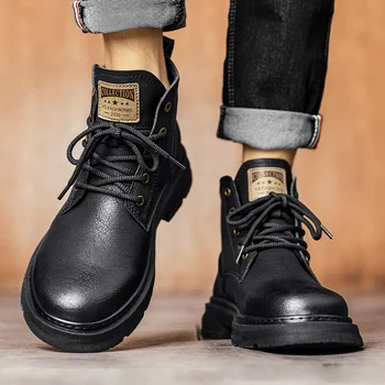 Мужчины Повседневные ботинки Мужская обувь на шнуровке Мужская модная обувь с высоким верхом Мотоциклетные ботильоны Водонепроницаемые ботинки Мужская обувь из натуральной кожи